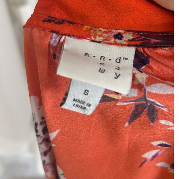 A New Day Women's Size S Orange Floral Tie Neck Sleeveless Blouse #0506 - Picture 6 of 12
